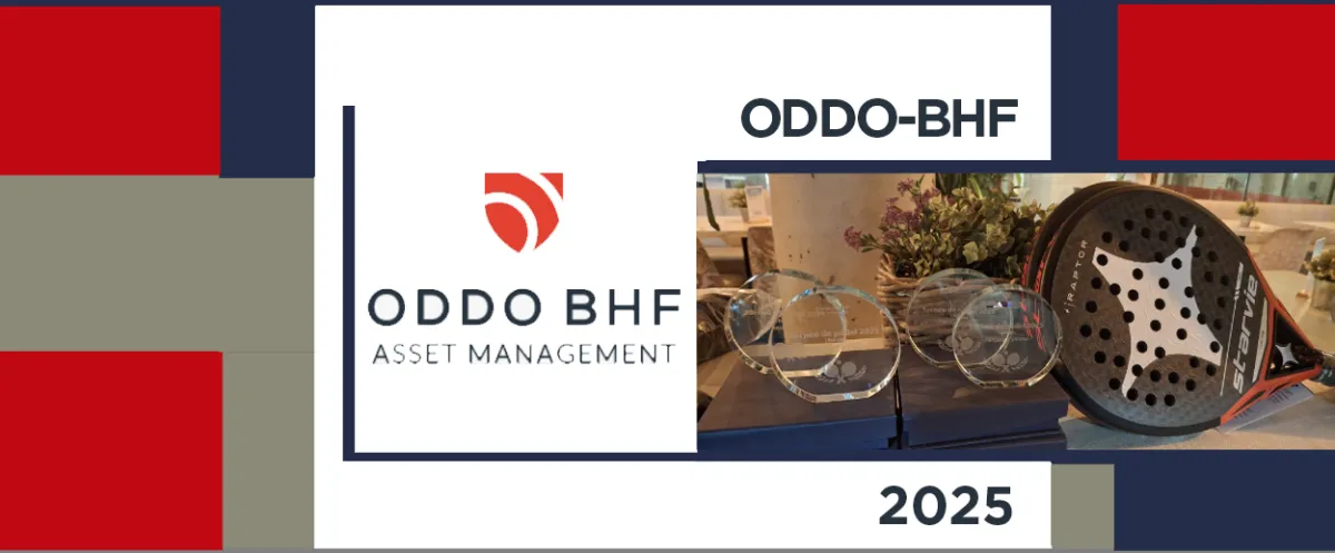 Imagen compuesta por el logotipo de ODDO-BHF y los trofeos de su Torneo de Pádel